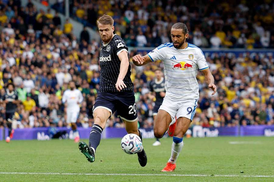 Leeds United's Dominic Calvert-Lewin in action with Brentford's Kristoffer Ajer Leeds United's Dominic Calvert-Lewin in action with Brentford's Kristoffer Ajer