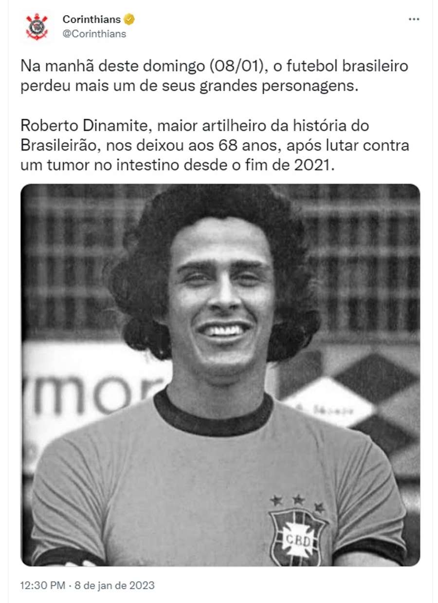 Post do Corinthians em homenagem a Roberto Dinamite