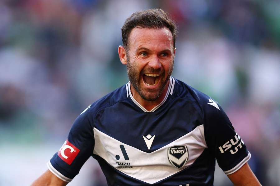 Melbourne Victory's Juan Mata celebrates a rare goal scored with his head!