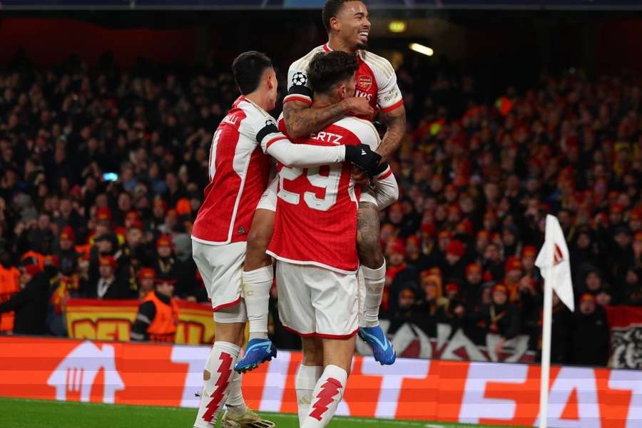 Arsenal's Brazilian striker #09 Gabriel Jesus celebrates after scoring his team third goal 