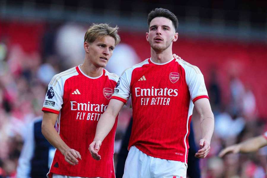 Arsenal are without Declan Rice (right) and Martin Odegaard for Sunday's north London derby