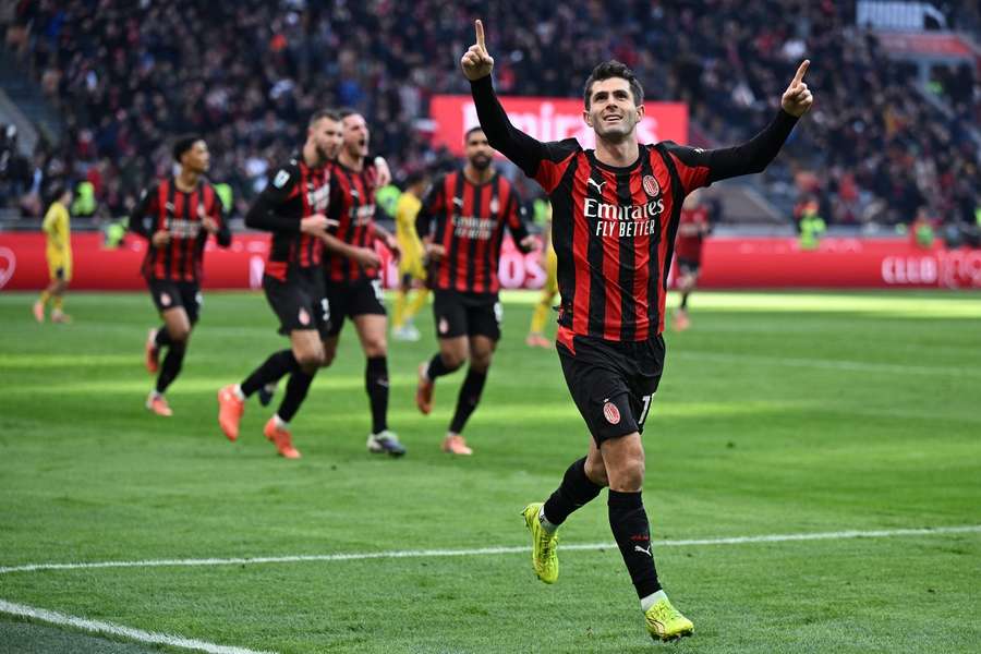 Christian Pulisic celebrates a goal for AC Milan against Hellas Verona