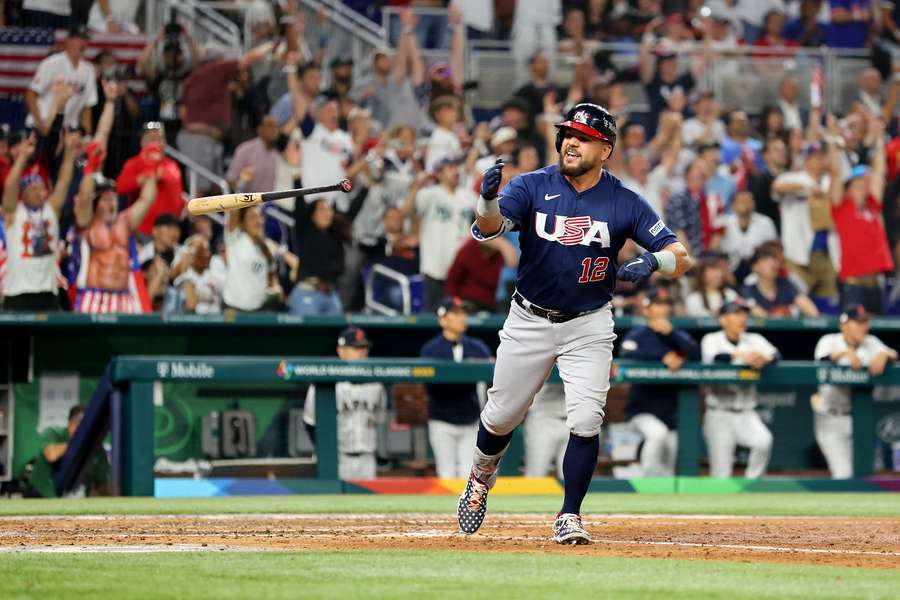 Team USA's Kyle Schwarber reacts to home run in 2023 World Baseball Classic title game
