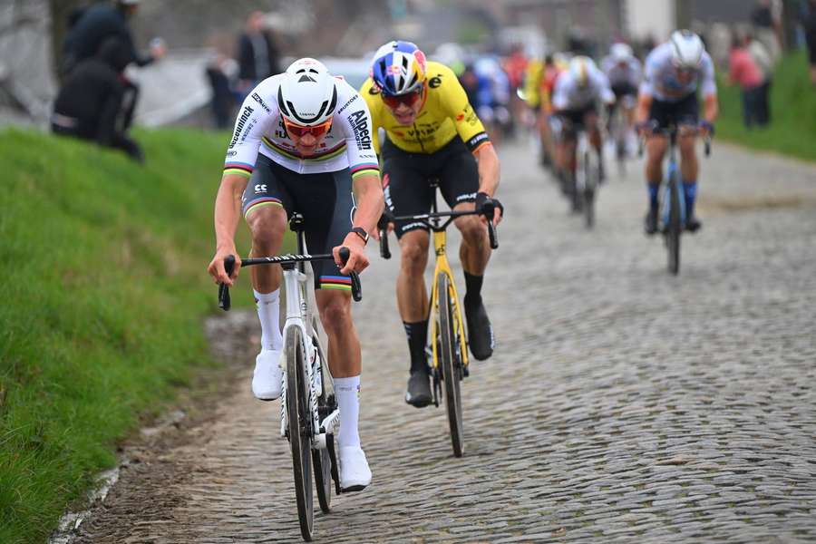 Mathieu van der Poel and Wout van Aert during the E3 Saxo Classic in March, 2024