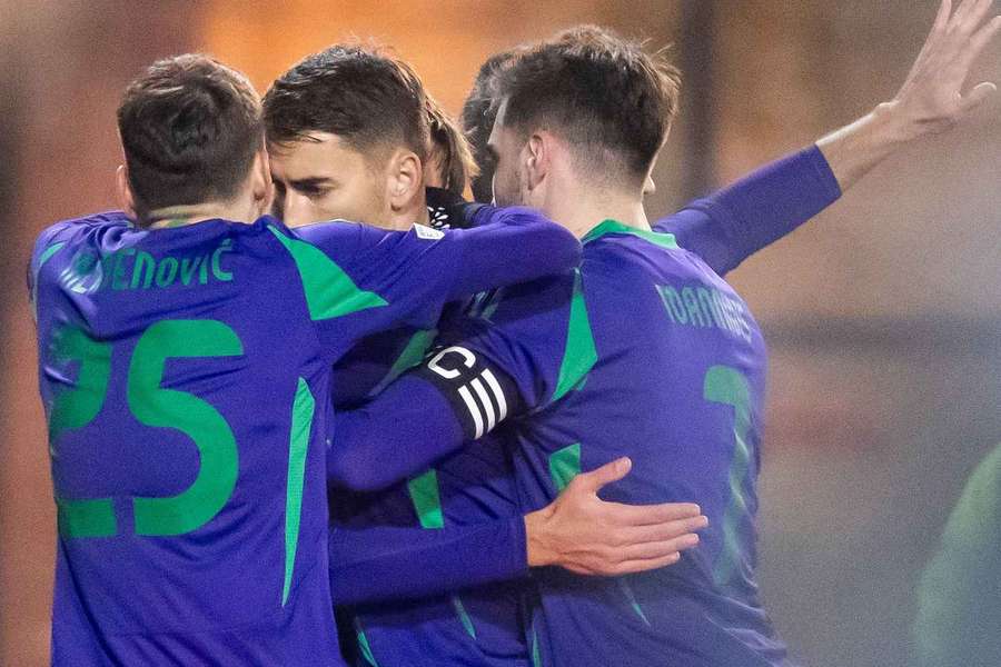 Panathinaikos' players celebrate Filip Djuricic's goal