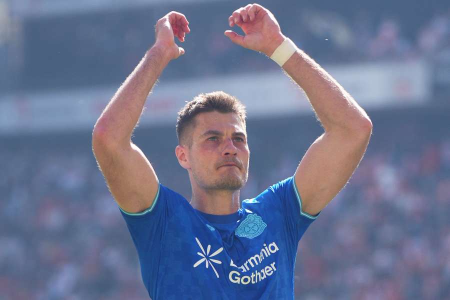 Schick celebrates scoring for Leverkusen