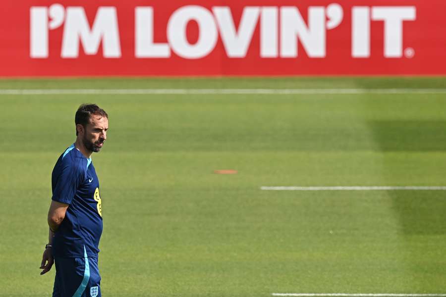 England manager Gareth Southgate watches on in training