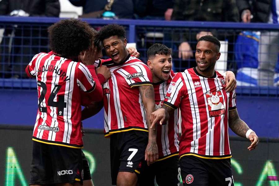 Rhian Brewster of Sheffield United celebrates after scoring