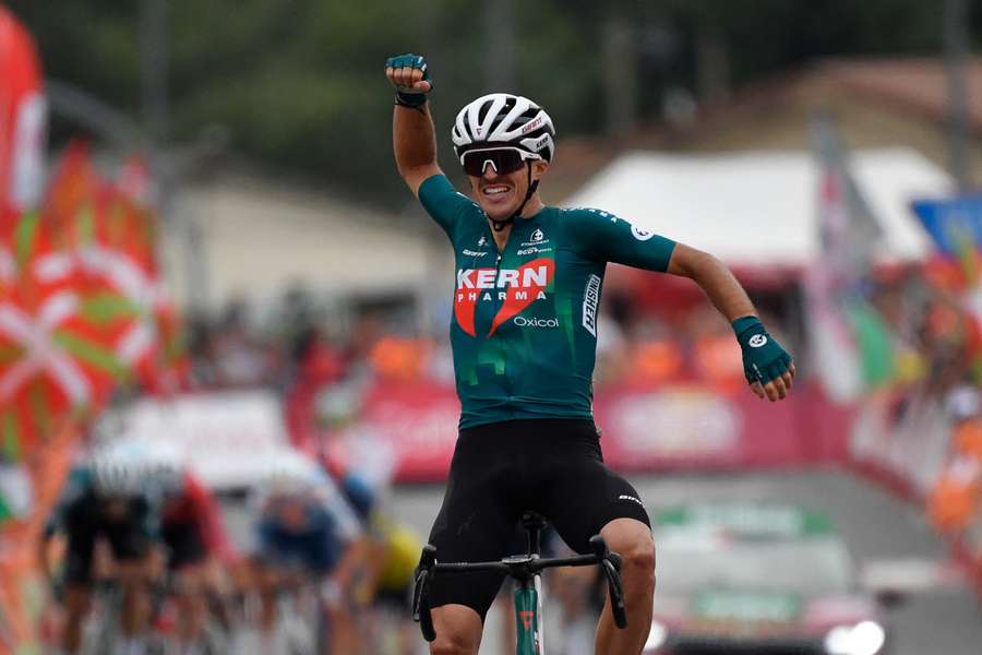 Urko Berrade celebrates after winning stage 18 of the Vuelta a Espana in his home Basque Country