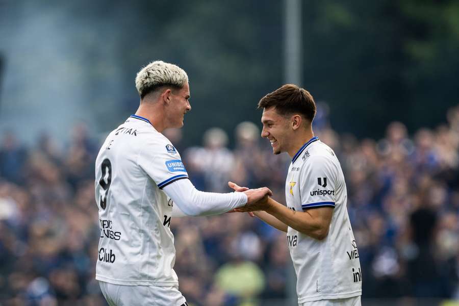 Sirius scorers Robbie Ure (left) and Isak Bjerkebo celebrate Sirius scorers Robbie Ure (left) and Isak Bjerkebo celebrate