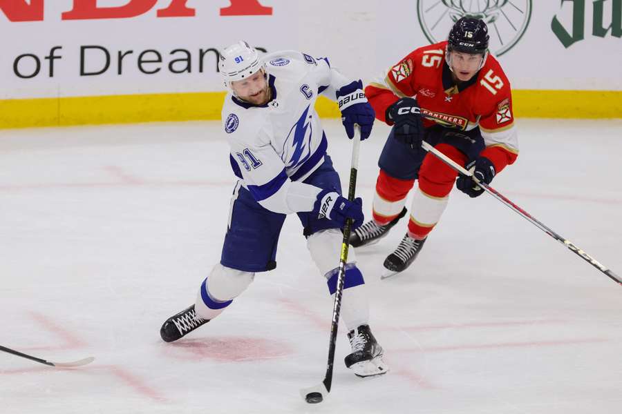 Tampa Bay Lightning centre Steven Stamkos shoots the puck against the Florida Panthers
