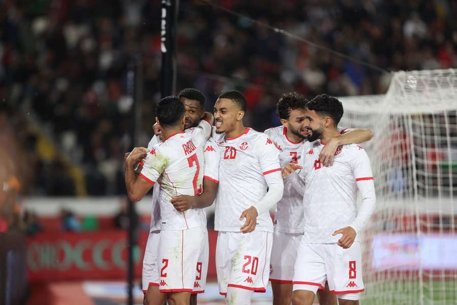 Firas Chaouat célèbre son but avec la Tunisie lors du huitième de finale de la CAN 2025 face au Mali, le 3 janvier 2026 à Casablanca, au Maroc.