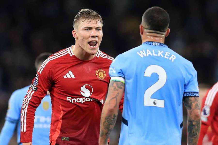Tempers flare between Manchester United's Rasmus Hojlund and Manchester City's Kyle Walker