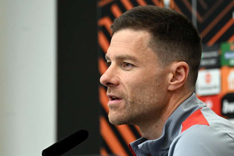 Bayer Leverkusen coach Xabi Alonso during a press conference on Wednesday