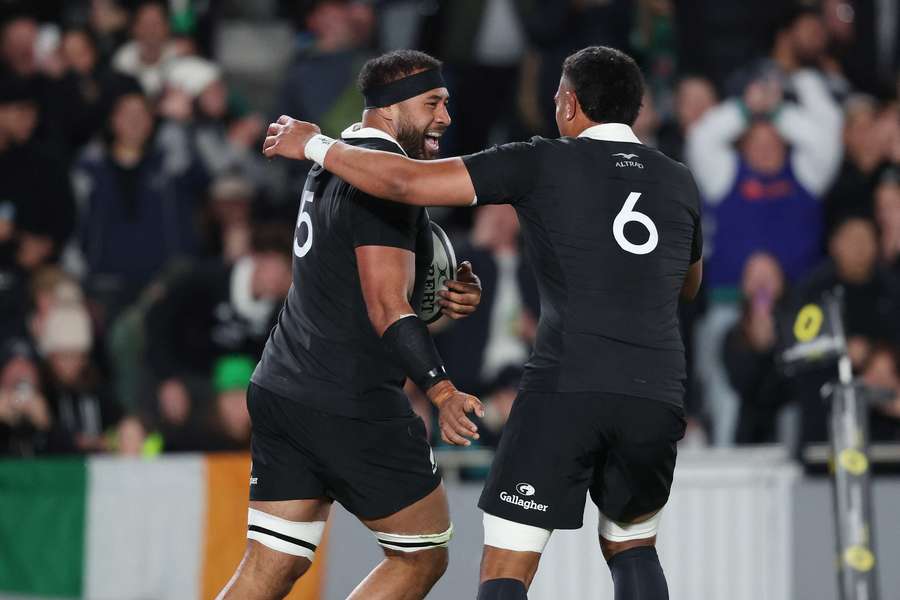 Patrick Tuipulotu celebrates a Nations Championship try scored against Ireland. Patrick Tuipulotu celebrates a Nations Championship try scored against Ireland.