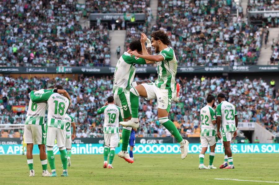 Abde Ezzalzouli of Real Betis celebrates scoring his team’s goal with teammate Antony Abde Ezzalzouli of Real Betis celebrates scoring his team’s goal with teammate Antony