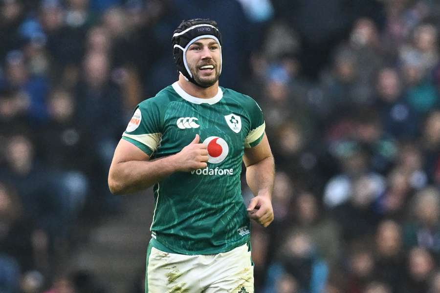 Caelan Doris smiles after scoring Ireland's second try against Scotland last month