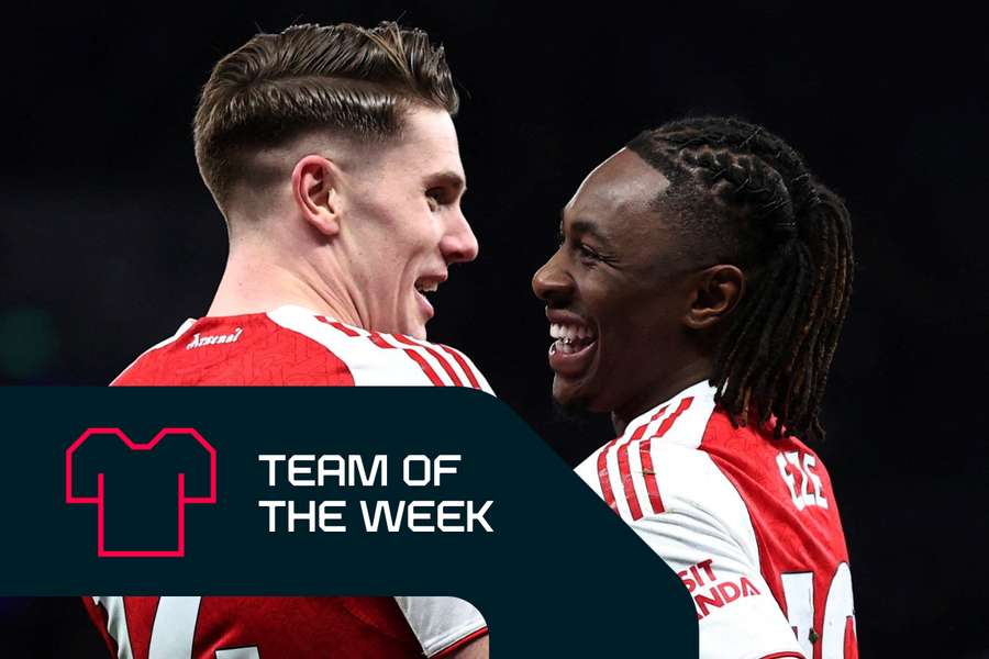 Arsenal's Viktor Gyokeres (left) celebrates with Eberechi Eze