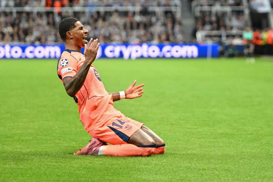 Marcus Rashford of FC Barcelona celebrates after scoring against Newcastle