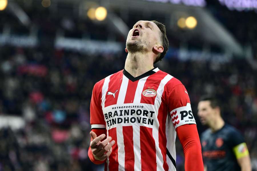 PSV captain Luuk de Jong reacts frustratedly during their game against FC Utrecht