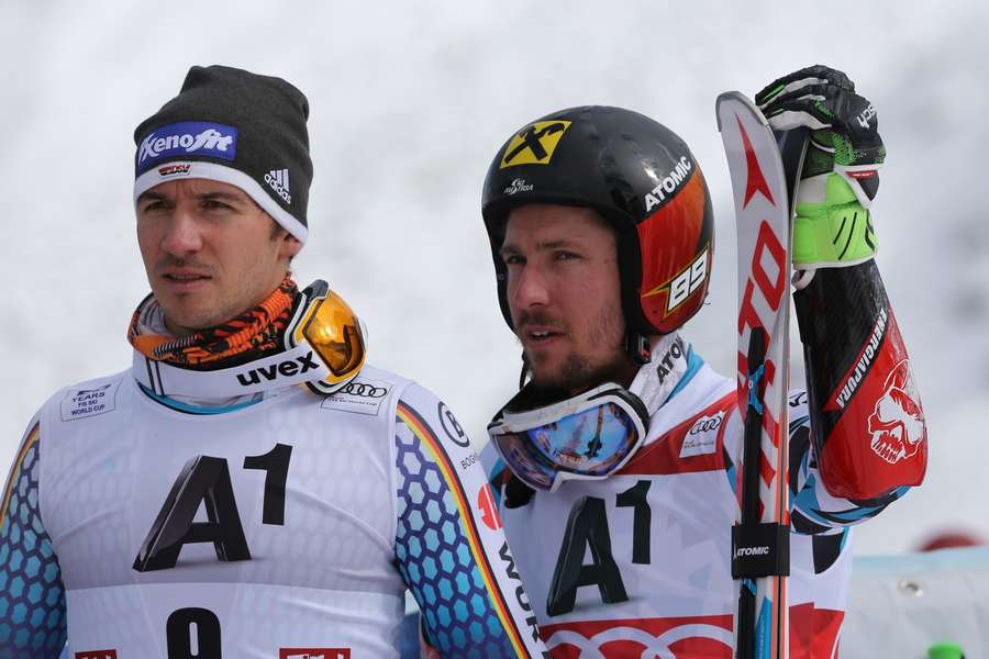 Die ehemaligen Slalom-Asse Neureuther und Hirscher bei einem Weltcup-Rennen in Sölden 2016.