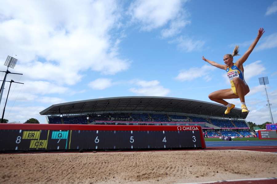 Maja Askag in flight in the long jump Maja Askag in flight in the long jump