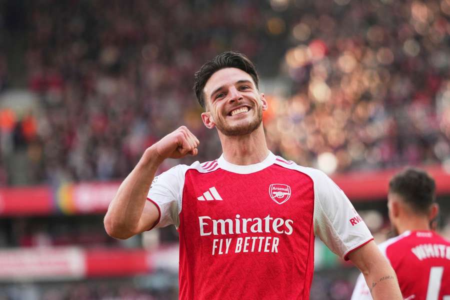 Rice comemora após marcar um gol contra o Newcastle Rice comemora após marcar um gol contra o Newcastle