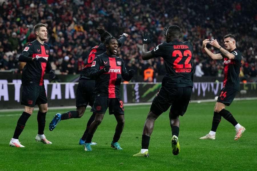 Leverkusen celebrate Boniface's equaliser