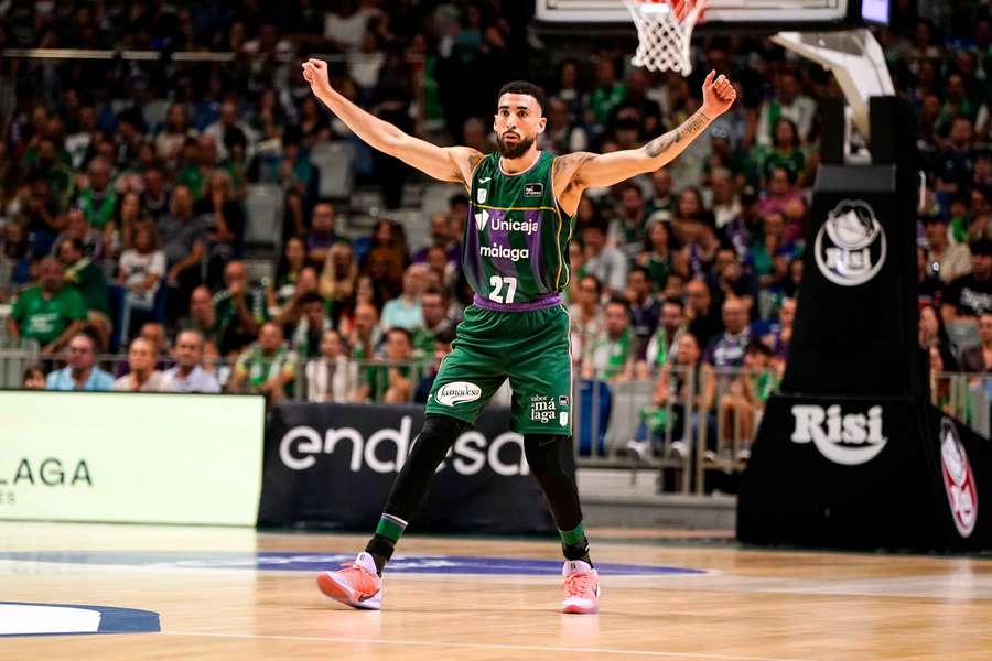 Chris Duarte celebra un triple en el Unicaja-Bilbao Basket