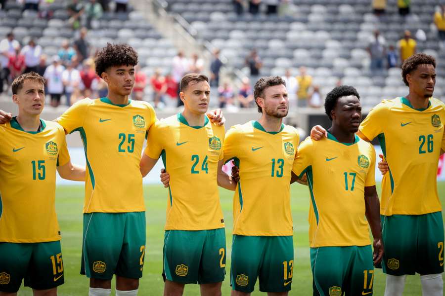 The Socceroos line up for their national anthem prior to their final warm-up game against Switzerland. The Socceroos line up for their national anthem prior to their final warm-up game against Switzerland.