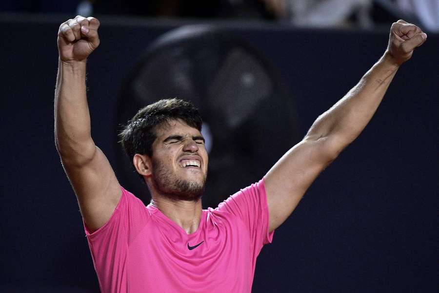 Carlos Alcaraz celebrates after winning the ATP 500 Rio Open against Fabio Fognini in Rio de Janeiro earlier this month