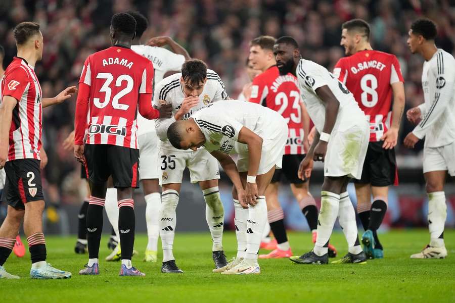 Kylian Mbappe centre-forward of Real Madrid and France dejected after failed a penalty
