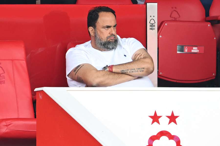 Evangelos Marinakis, owner of Nottingham Forest, looks on during their Premier League match against Bournemouth in August