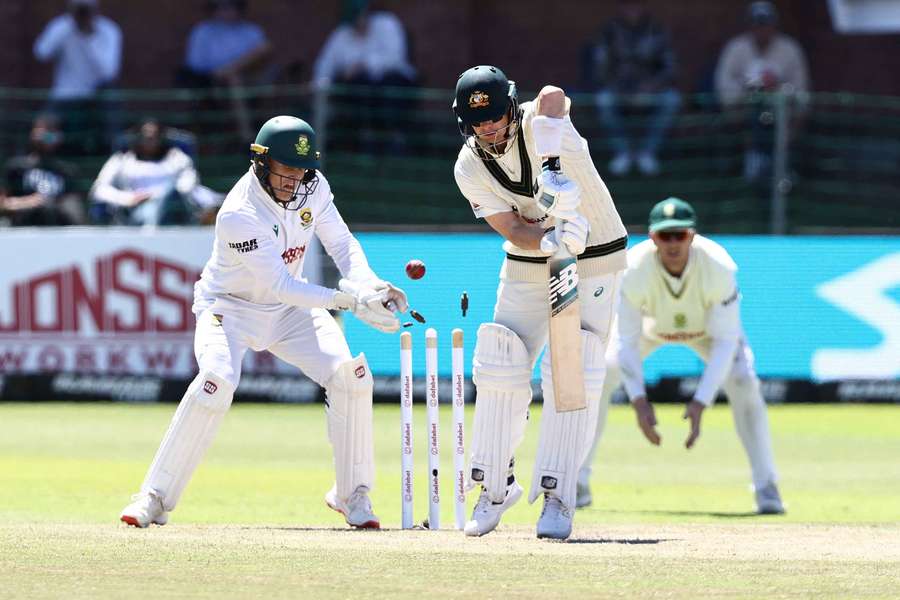 Steve Smith is bowled by Wiaan Mulder on Day 4 in Gqeberha. Steve Smith is bowled by Wiaan Mulder on Day 4 in Gqeberha.