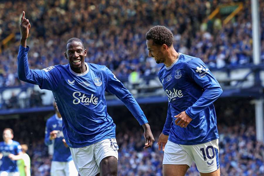 Iliman Ndiaye celebrates one of his two goals for Everton