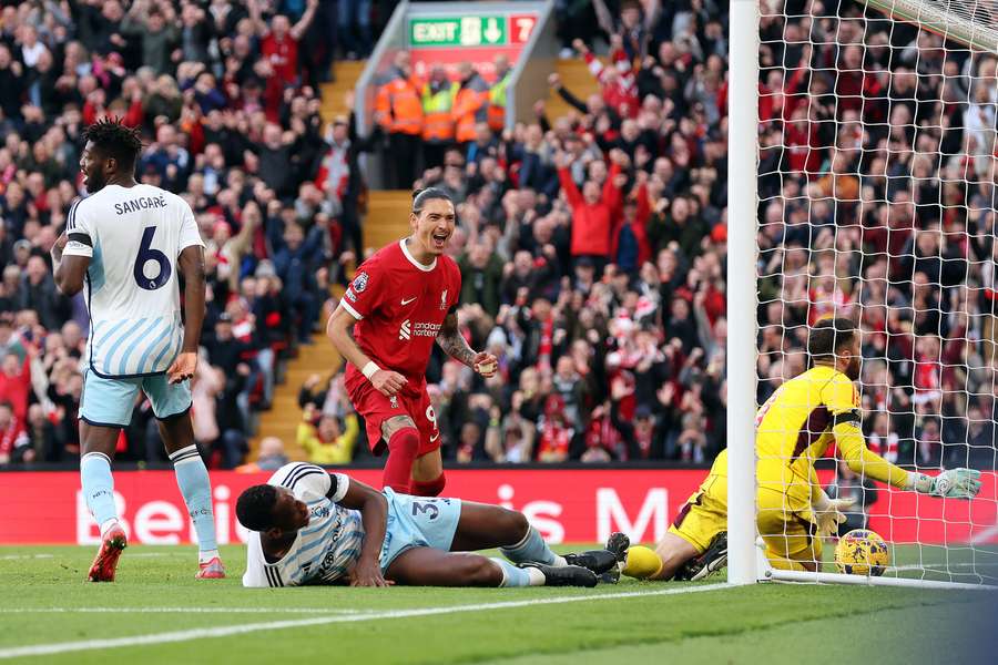 Darwin Nunez celebrates after scoring Liverpool's second goal