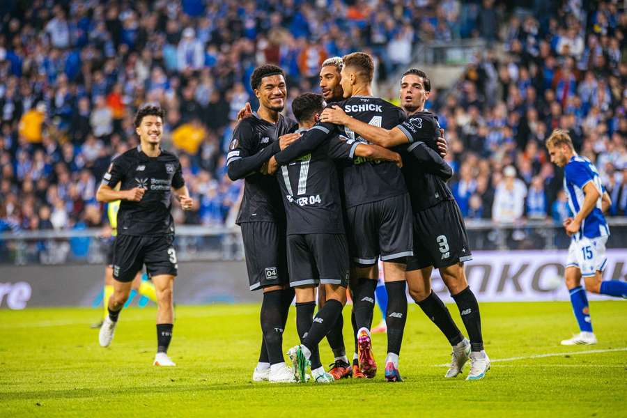 Leverkusen celebrates against Lech Poznan Leverkusen celebrates against Lech Poznan