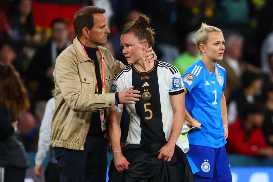 Germany's defender #05 Marina Hegering reacts after the draw with South Korea