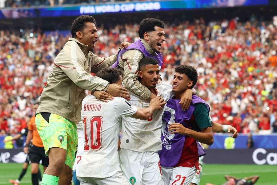 Azzedine Ounahi celebrates scoring Morocco's second goal with teammates Azzedine Ounahi celebrates scoring Morocco's second goal with teammates