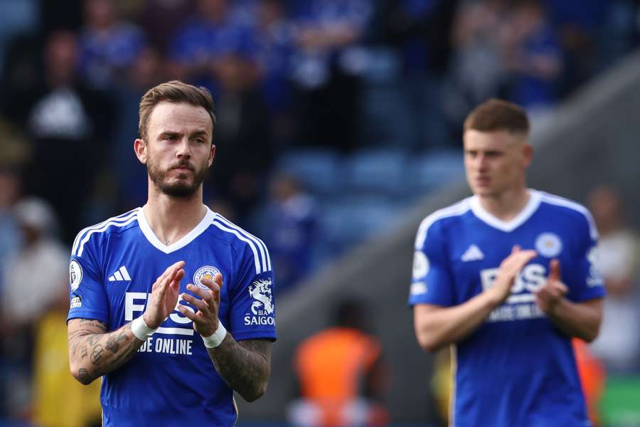Leicester City's English midfielder James Maddison (L) reacts at the end of the English Premier League football match between Leicester City and West Ham United