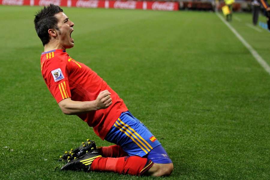 David Villa celebra con España su gol ante Portugal en Sudáfrica 2010