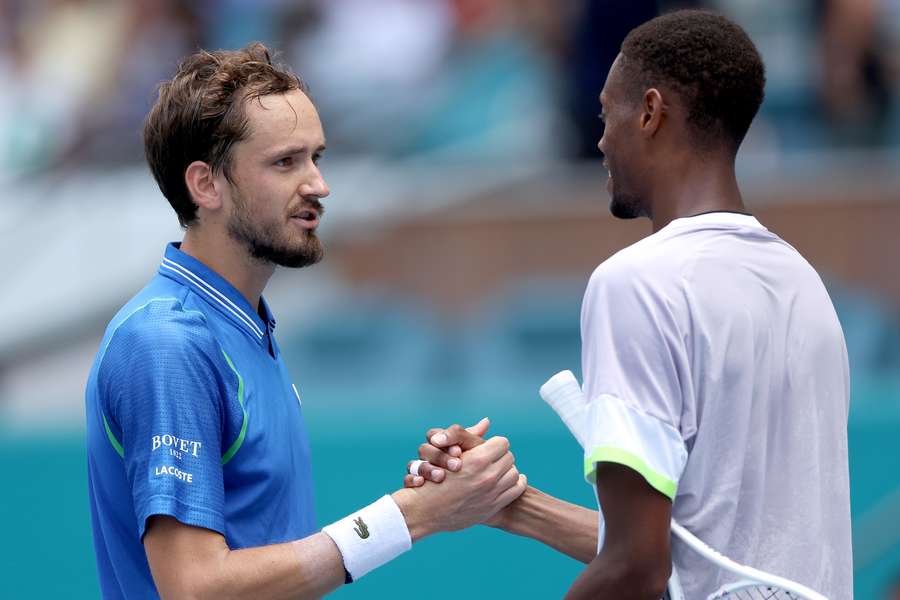 Daniil Medvedev shakes hands with Christopher Eubanks at the end of their quarter-final clash in Miami