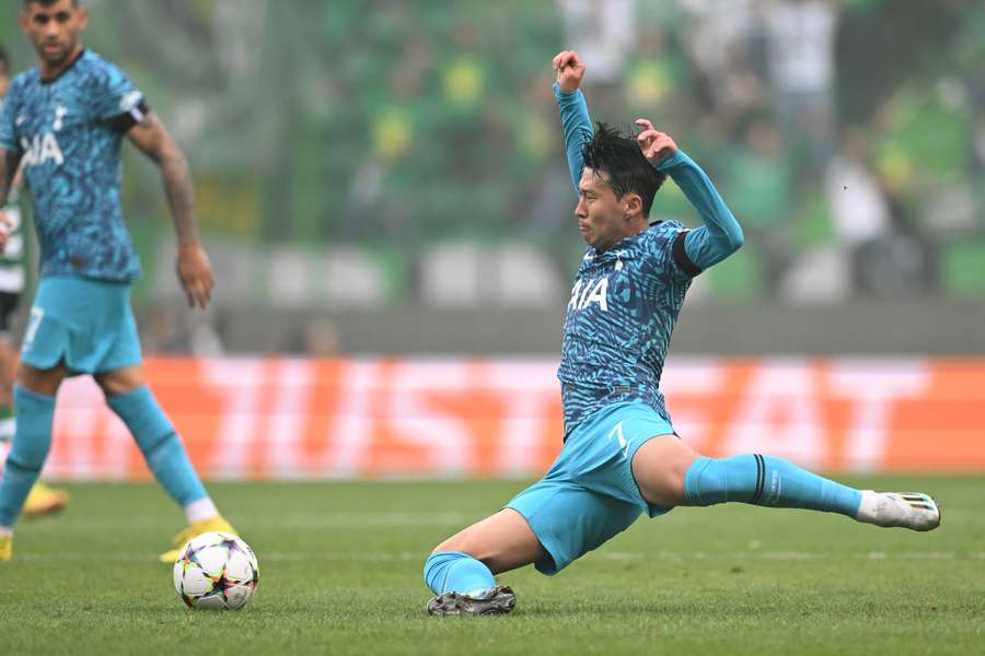 South Korean striker Son Heung-Min kicks the ball during the UEFA Champions League, group D, first leg football match versus Sporting Lisbon