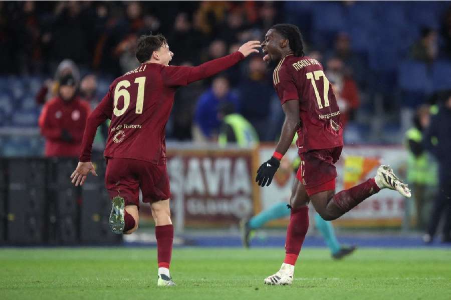 Manu Kone celebrates scoring his team's fourth goal 