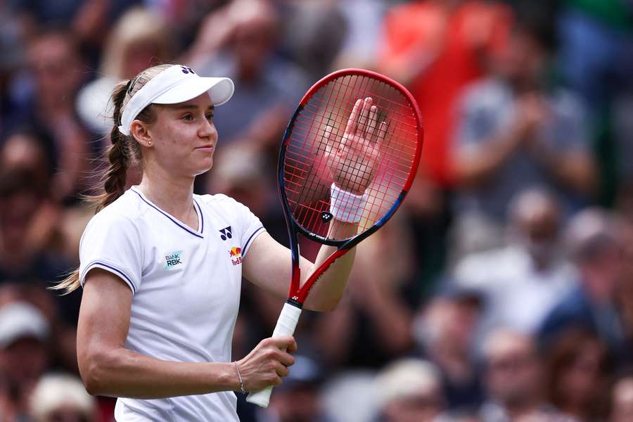 Elena Rybakina celebrates after beating Elina Svitolina