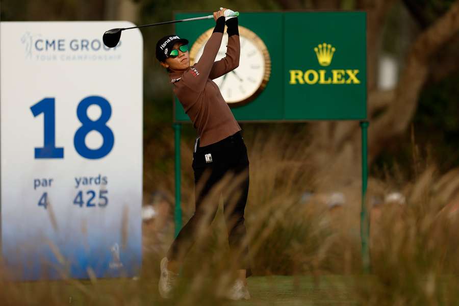 Lydia Ko of New Zealand plays her shot from the 18th tee