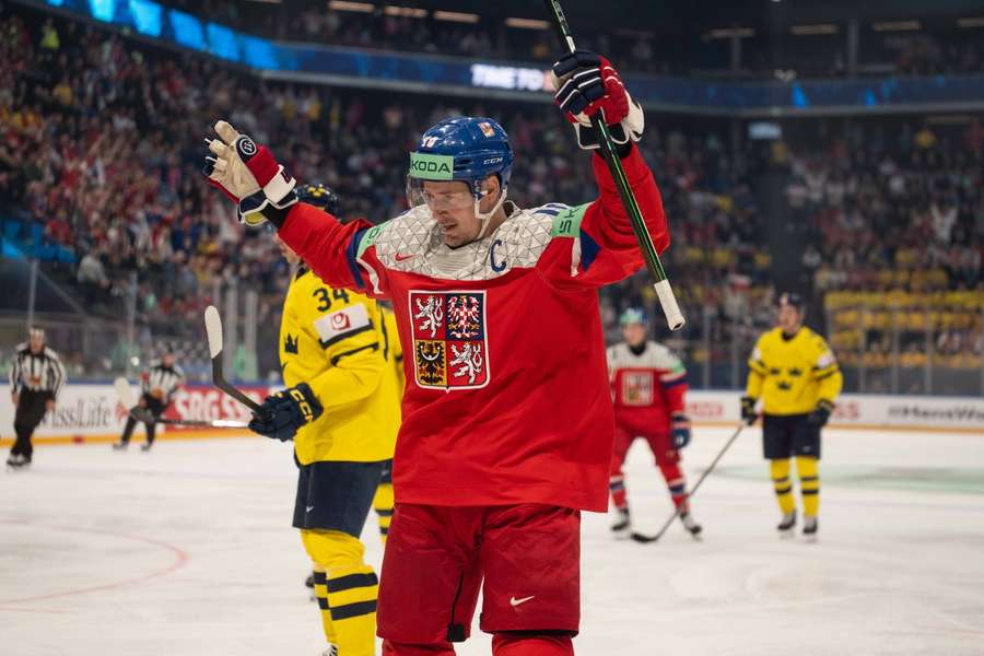 Roman Cervenka celebrates a Czech goal against Sweden