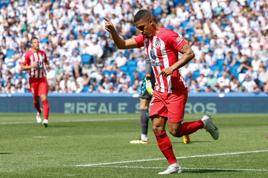 Samuel Lino celebrates after opening the scoring for Atletico