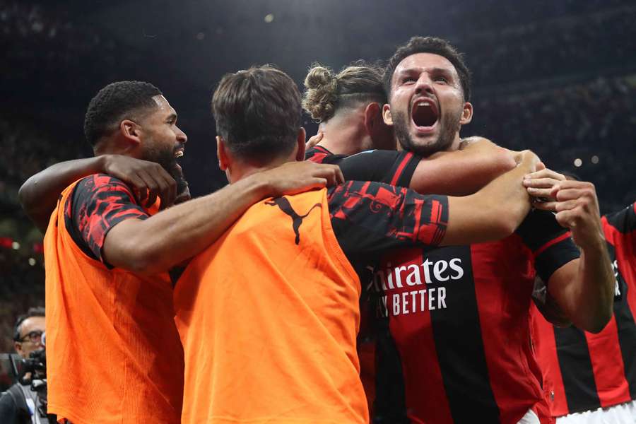 Milan celebrate Adrian Rabiot's goal against Lecce Milan celebrate Adrian Rabiot's goal against Lecce