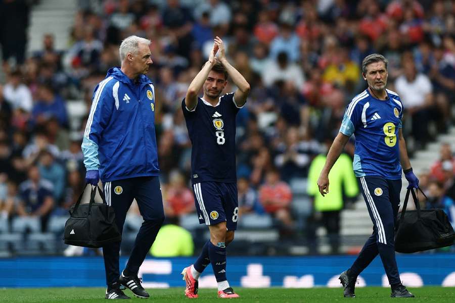 Scotland midfielder Billy Gilmour applauds the supporters after coming off injured Scotland midfielder Billy Gilmour applauds the supporters after coming off injured